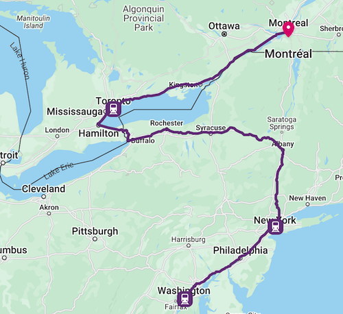 Map of train route from DC to Montreal