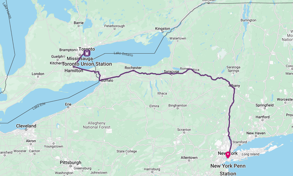 Map of train route from Toronto to New York